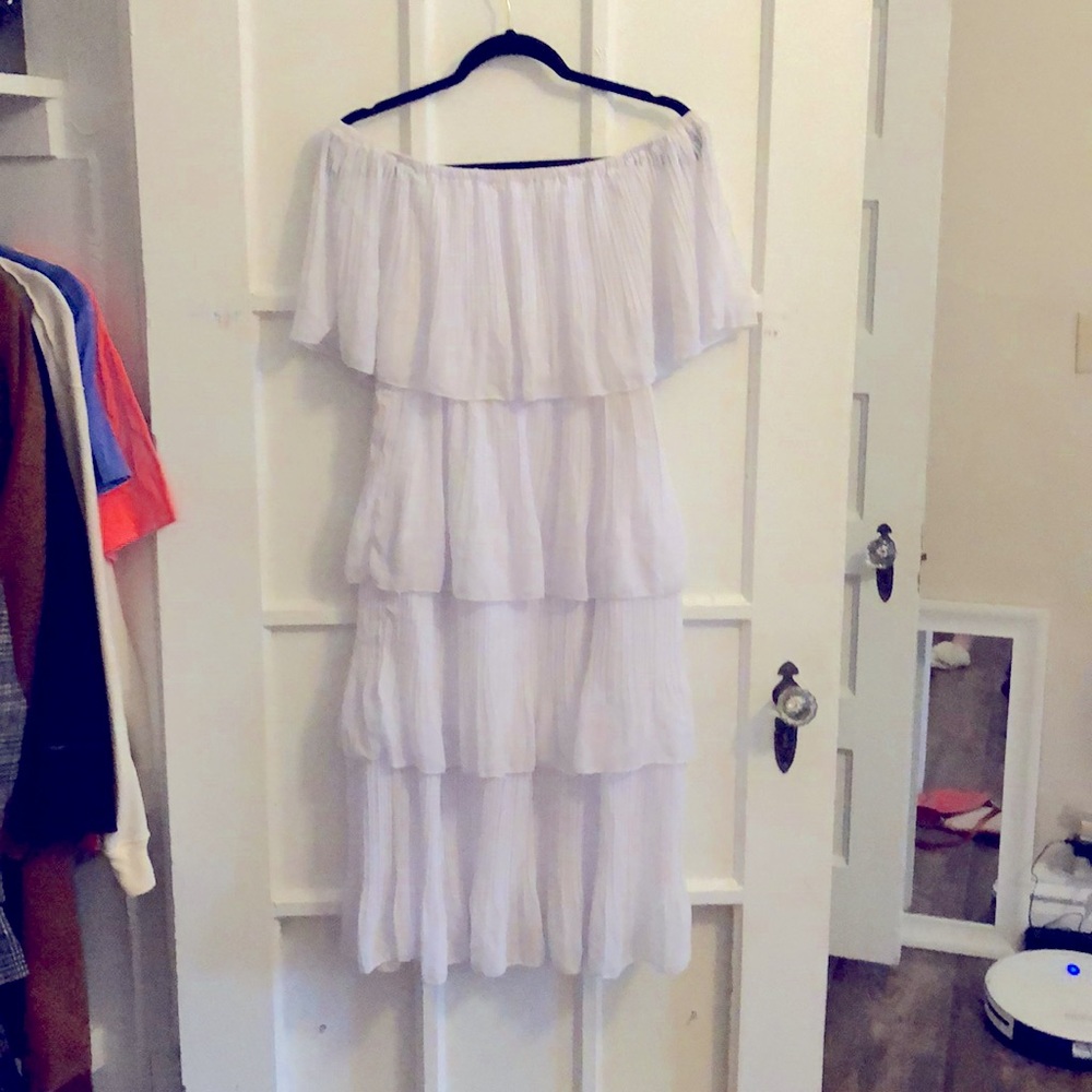 White, tiered midi off the shoulder dress.